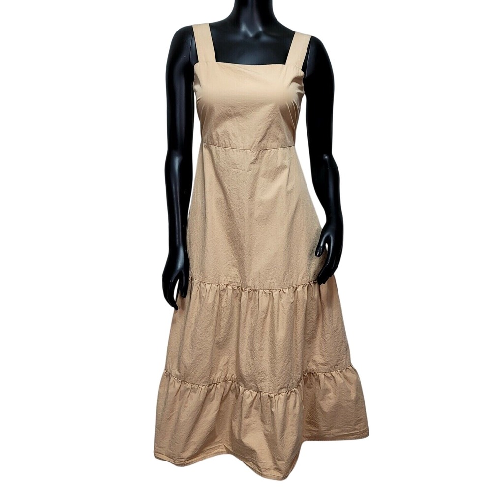 Madewell Tan Poplin Cotton Tiered‎ Midi Dress Square Neck Button Back Beige 00